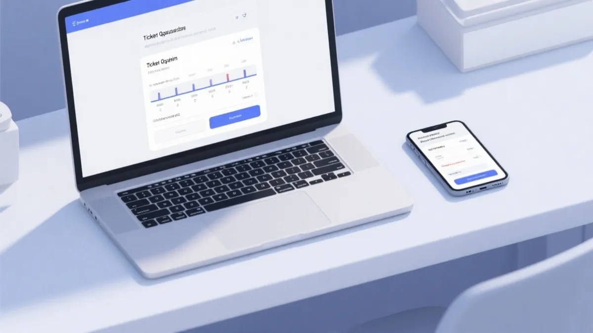 手机与电脑同时显示购票排队页面的概念插画，强调准备与秩序